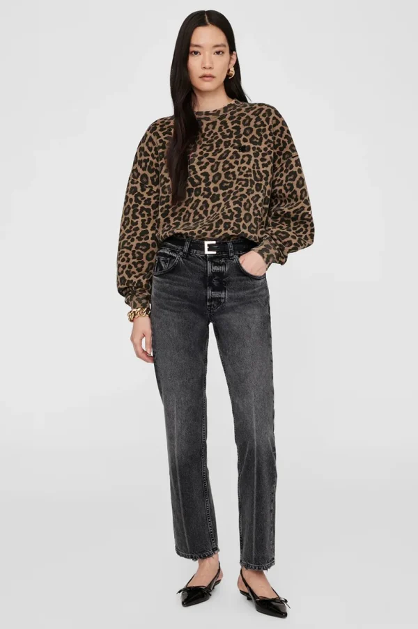 Anine Bing Miles Sweatshirt Black and Brown Leopard
