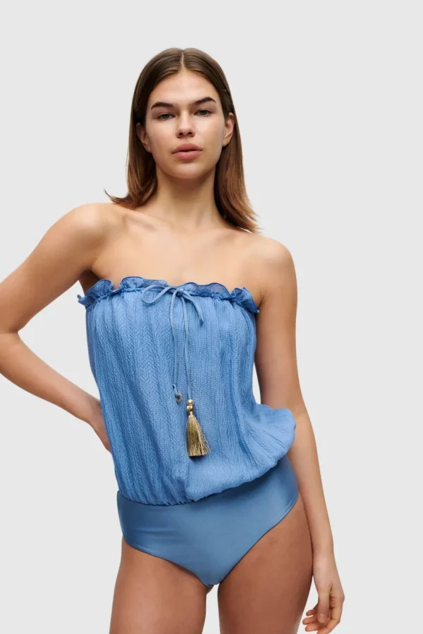 HANNE BLOCH BLUE BANDEAU SILK SWIMSUIT